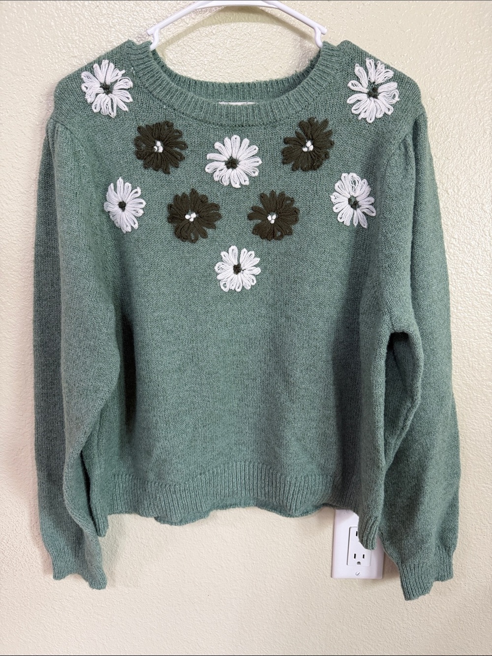 Francesca's Sage Green Floral Appliqué Crew Sweater